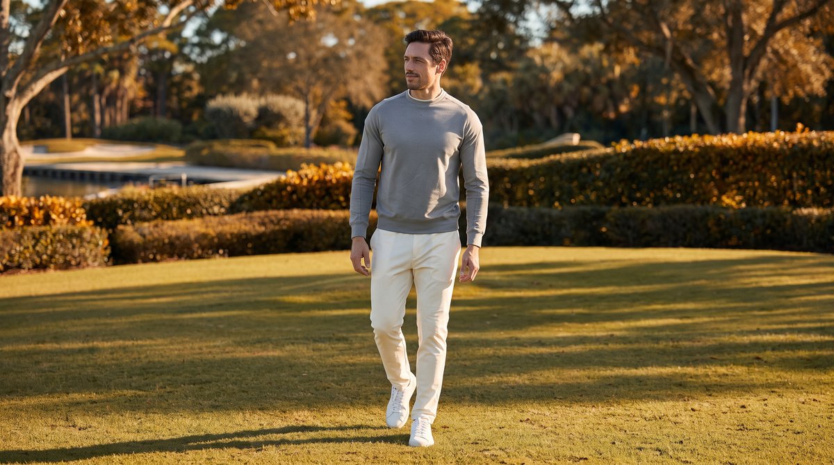 Two golfers walking past the clubhouse in NIAM layers