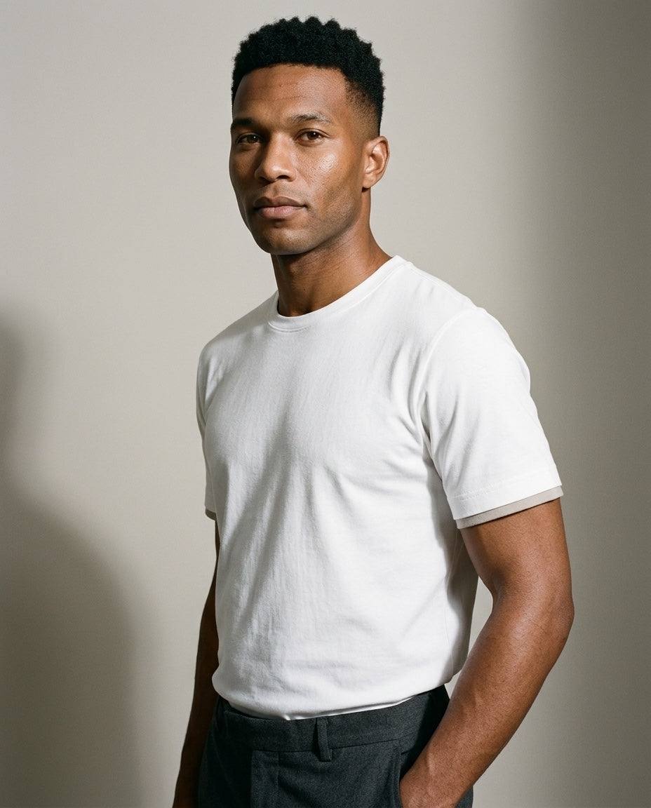 Men's Contrast Crewneck Tee in White, studio three-quarter view