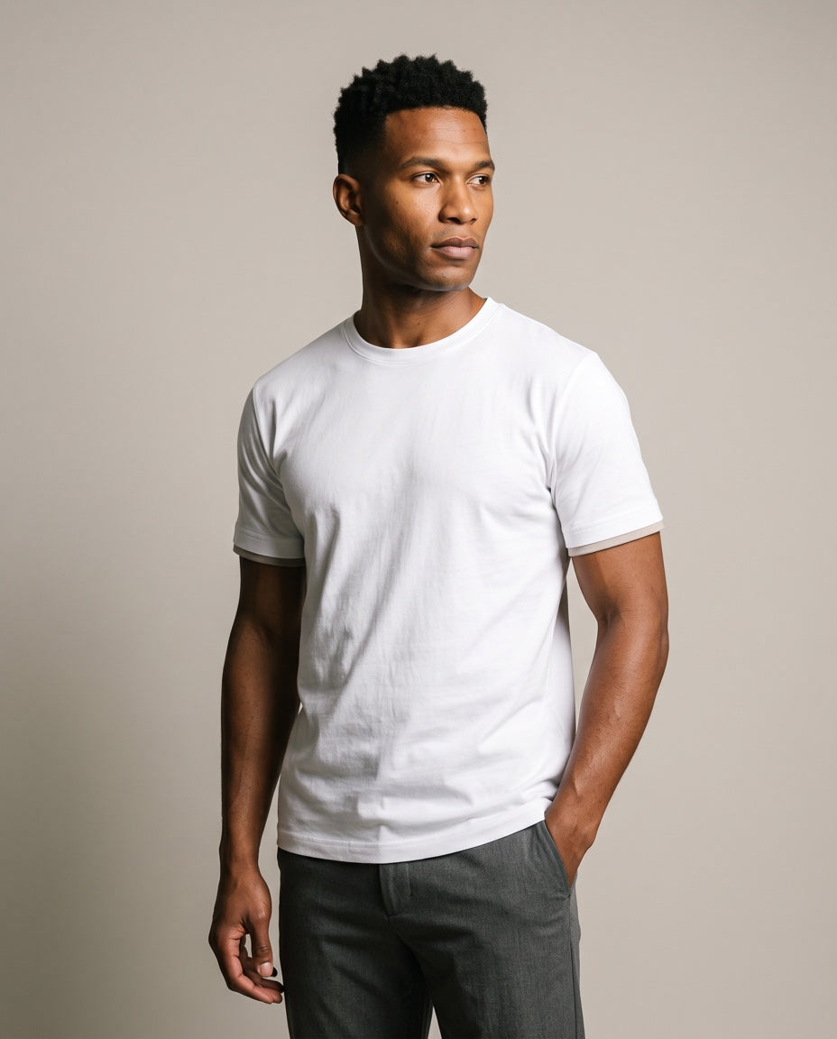 Men's Contrast Crewneck Tee in White, studio front view