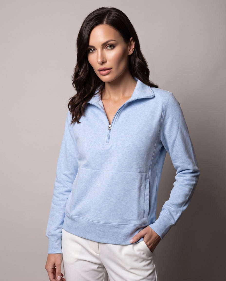 Women's 1/4 Zip Pullover in Light Blue, studio front view