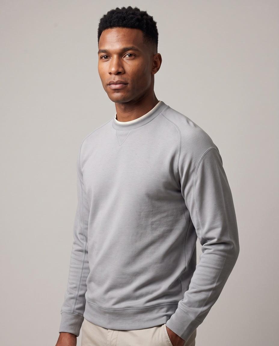 Men's Double-Collar Crew Neck Sweatshirt in Gray, studio three-quarter view