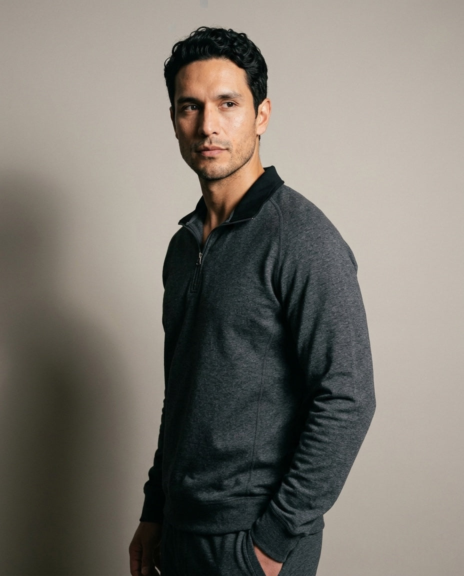 Men's 1/4 Zip Pullover in Charcoal Heather, studio three-quarter view