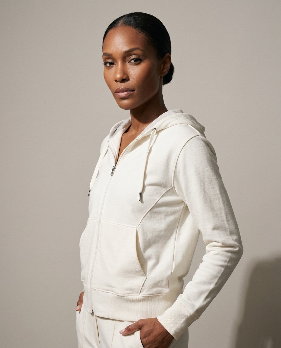 Women's Full Zip Hoodie in Ivory, studio three-quarter view