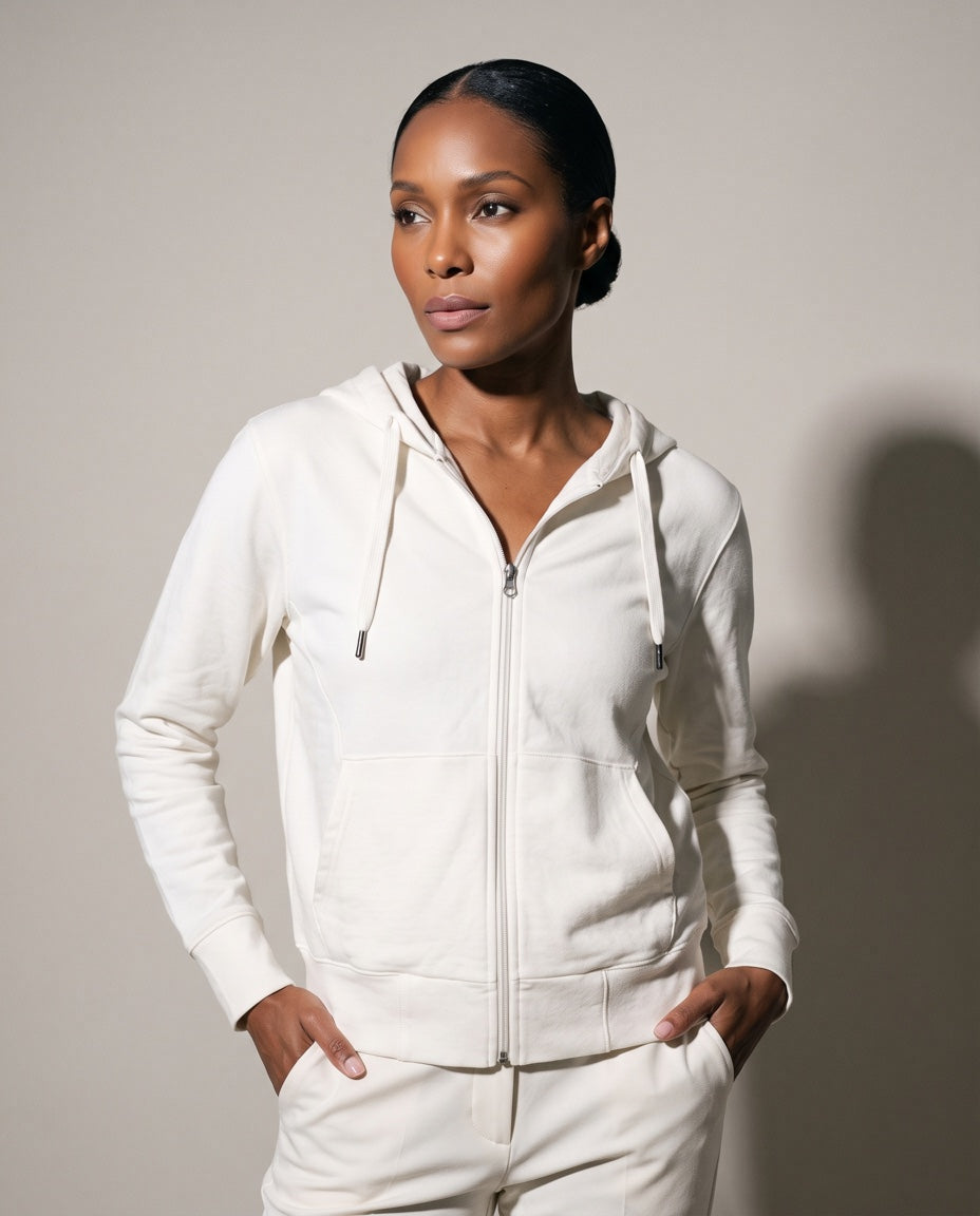 Women's Full Zip Hoodie in Ivory, studio front view