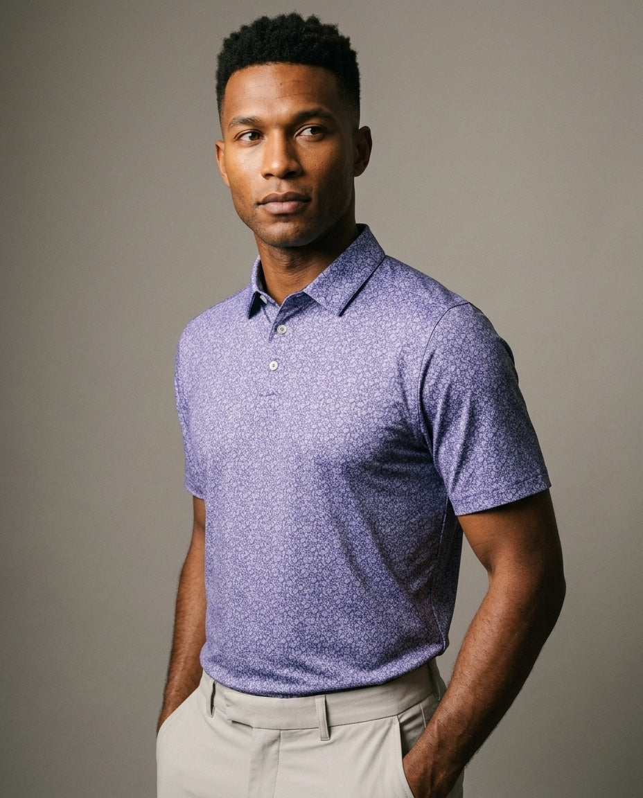 Men's 3 Button Lavender Floral Polo with SwingFree™ Performance in Lavender Floral, studio three-quarter view