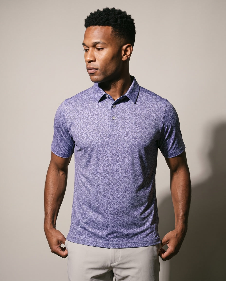 Men's 3 Button Lavender Floral Polo with SwingFree™ Performance in Lavender Floral, studio front view