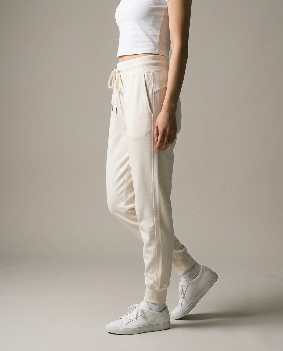 Women's Rib Waist Jogger in Ivory, studio three-quarter view