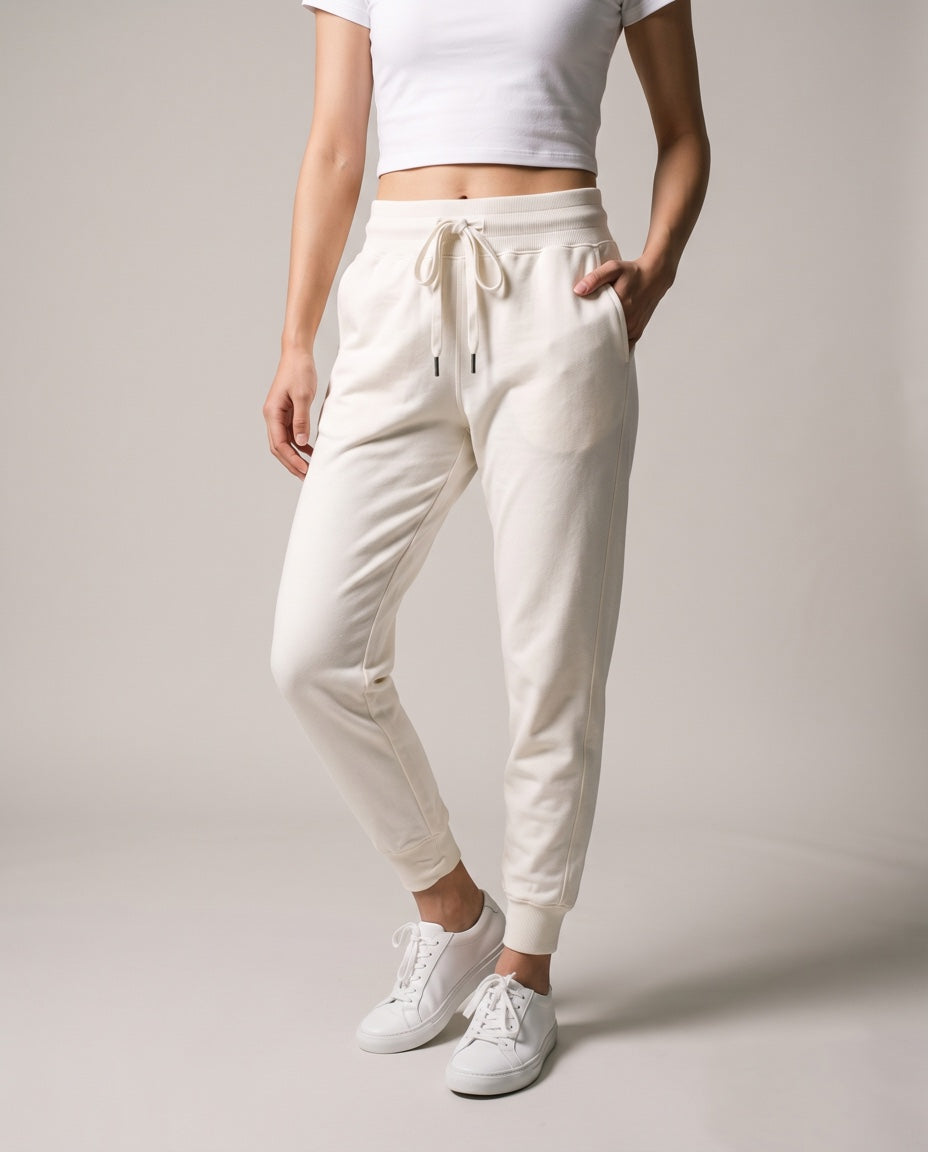 Women's Rib Waist Jogger in Ivory, studio front view