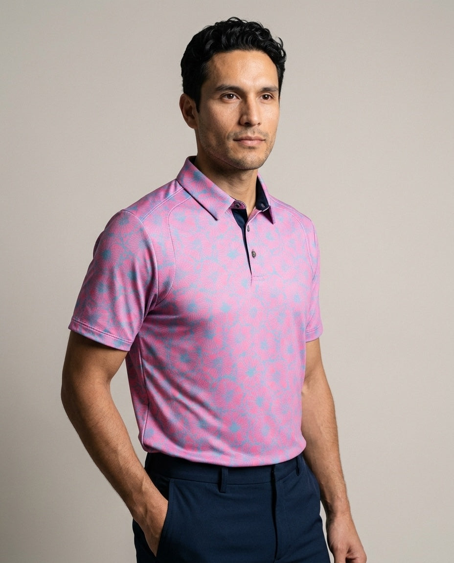 Men's 3 Button Watermelon Floral Polo with SwingFree™ Performance in Watermelon Lg Floral, studio three-quarter view