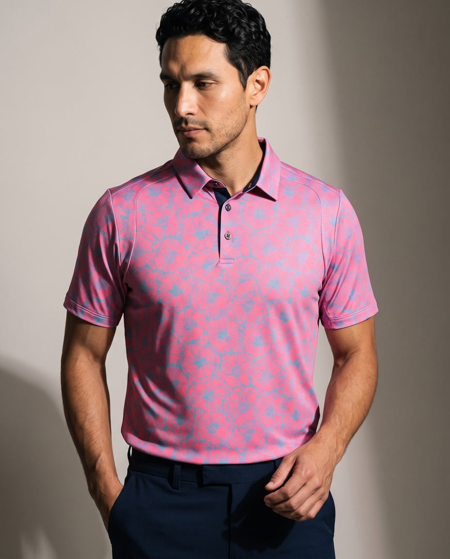 Men's 3 Button Watermelon Floral Polo with SwingFree™ Performance in Watermelon Lg Floral, studio front view
