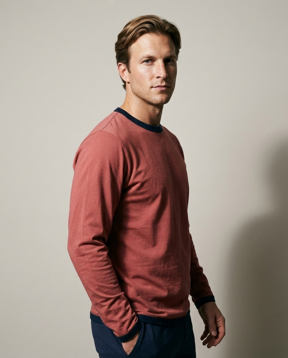 Men's Peruvian Cotton Reversible Tee in Red / Navy, studio three-quarter view