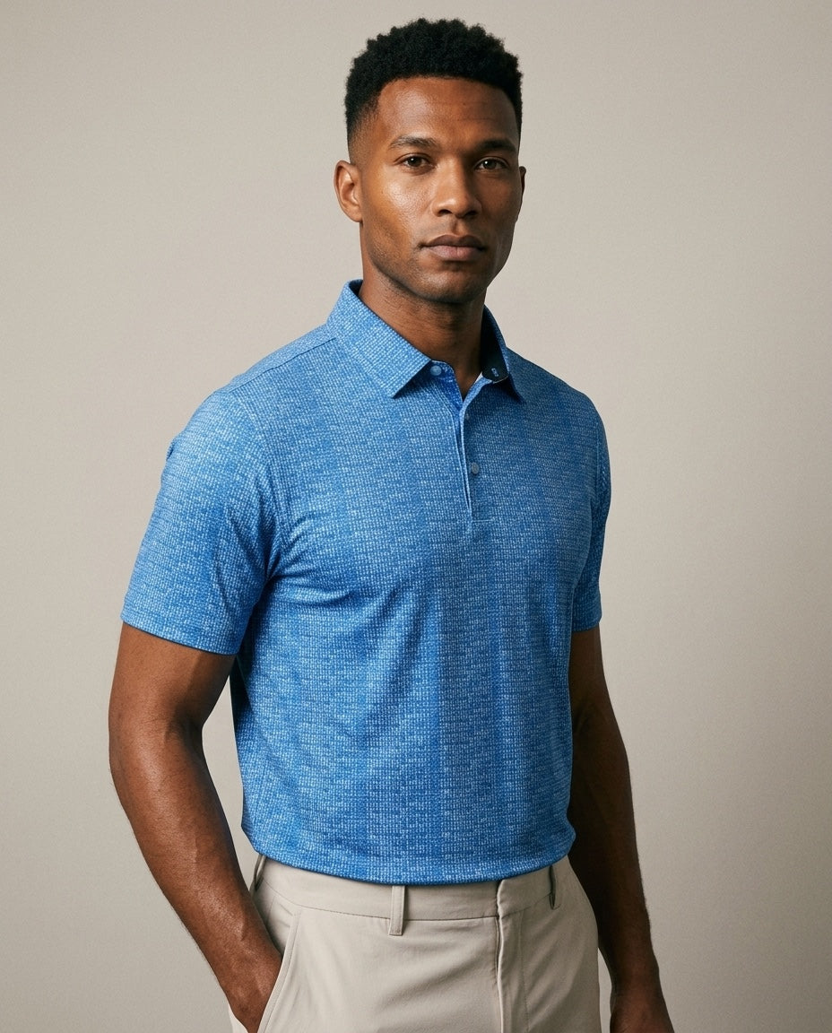 Men's 3 Button Aqua Abstract Polo with SwingFree™ Performance in Aqua Abstract, studio three-quarter view