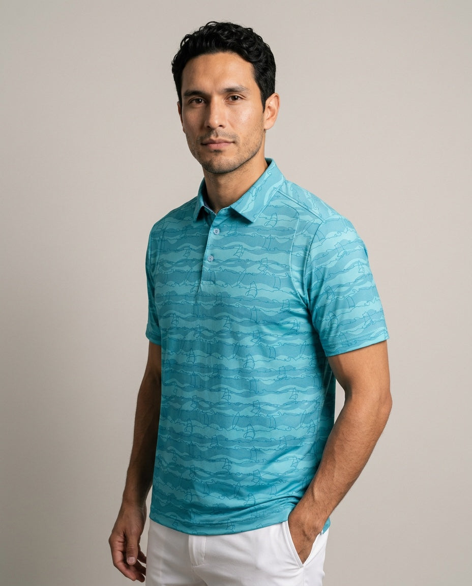 Men's 3 Button Aqua Green Wind Surf Polo with SwingFree™ Performance in Aqua Green Wind Surf, studio three-quarter view