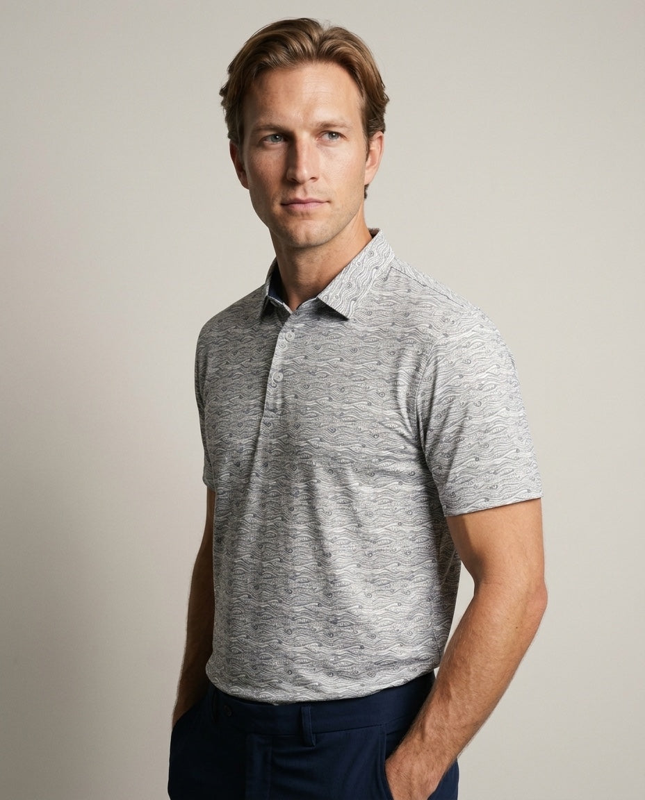 Men's 3 Button Gray Wave Polo with SwingFree™ Performance in Gray Weave, studio three-quarter view