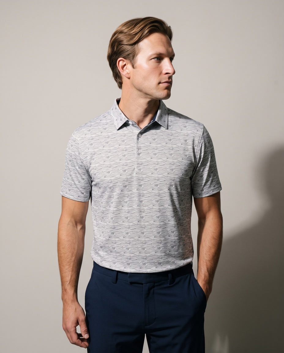Men's 3 Button Gray Wave Polo with SwingFree™ Performance in Gray Weave, studio front view