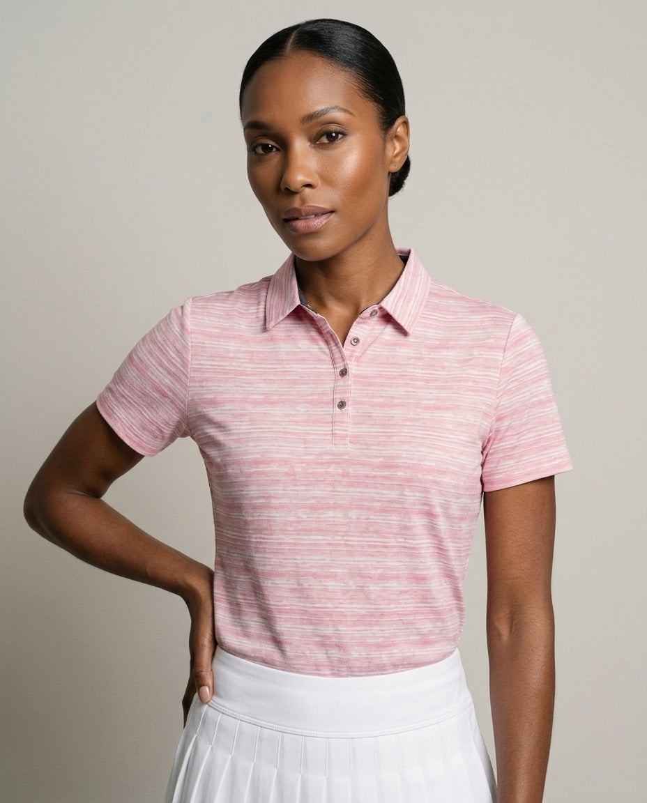 Women's 4 Button Pink Broken Stripe Pique Polo in Pink Broken Stripe, studio front view