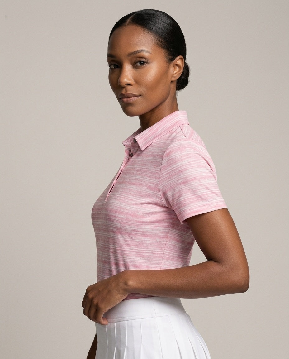 Women's 4 Button Pink Broken Stripe Pique Polo in Pink Broken Stripe, studio three-quarter view