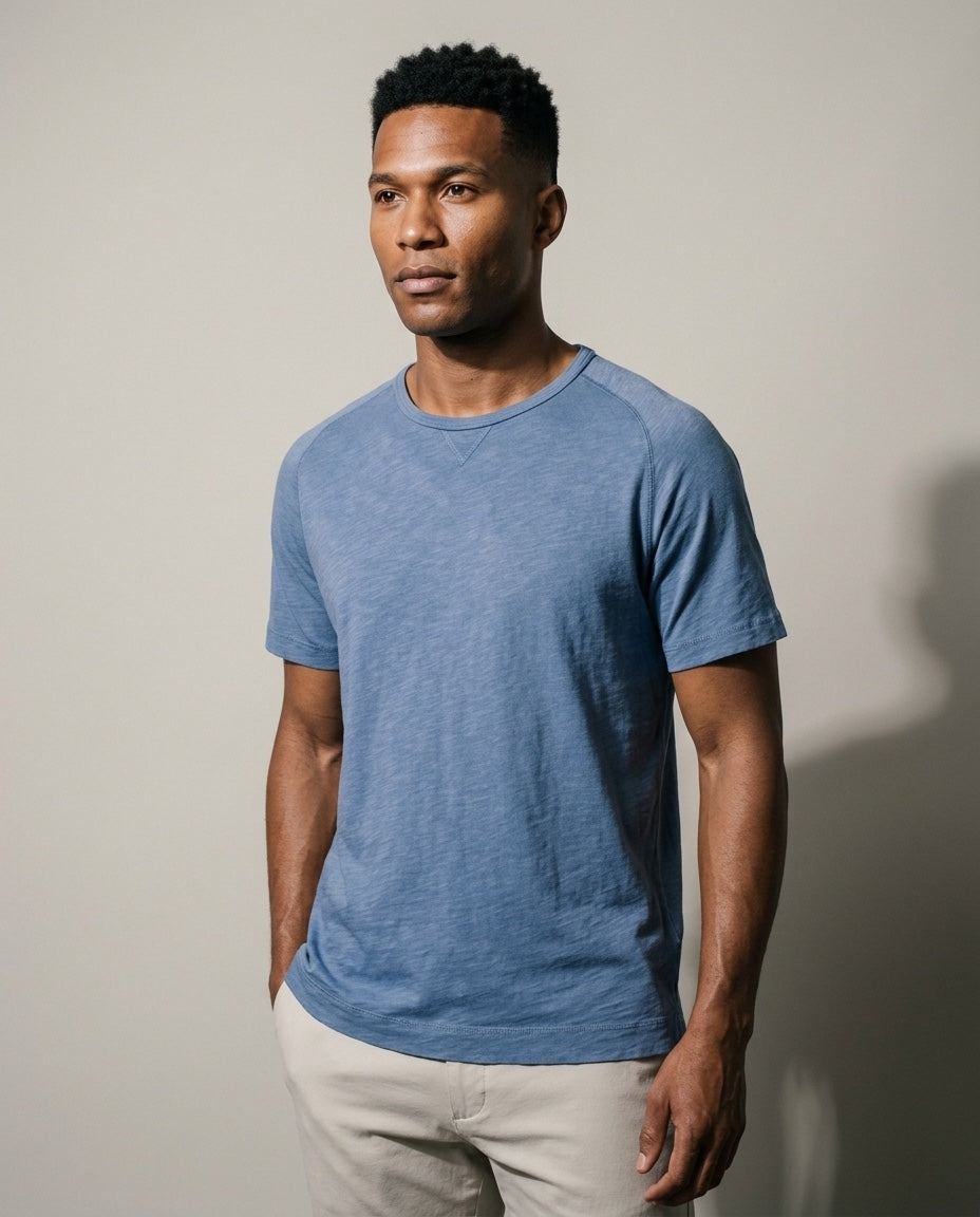 Men's Short Sleeve Tee in Denim, studio three-quarter view
