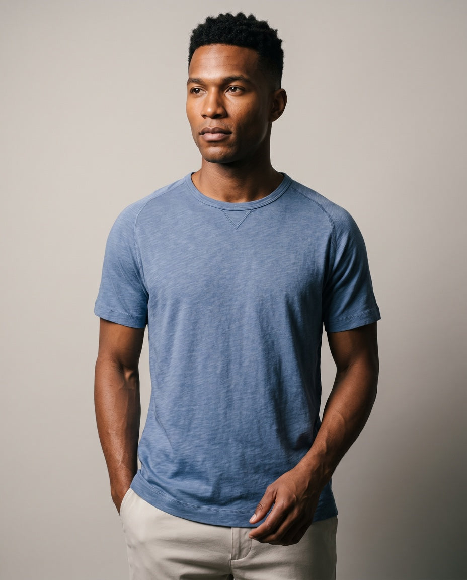 Men's Short Sleeve Tee in Denim, studio front view