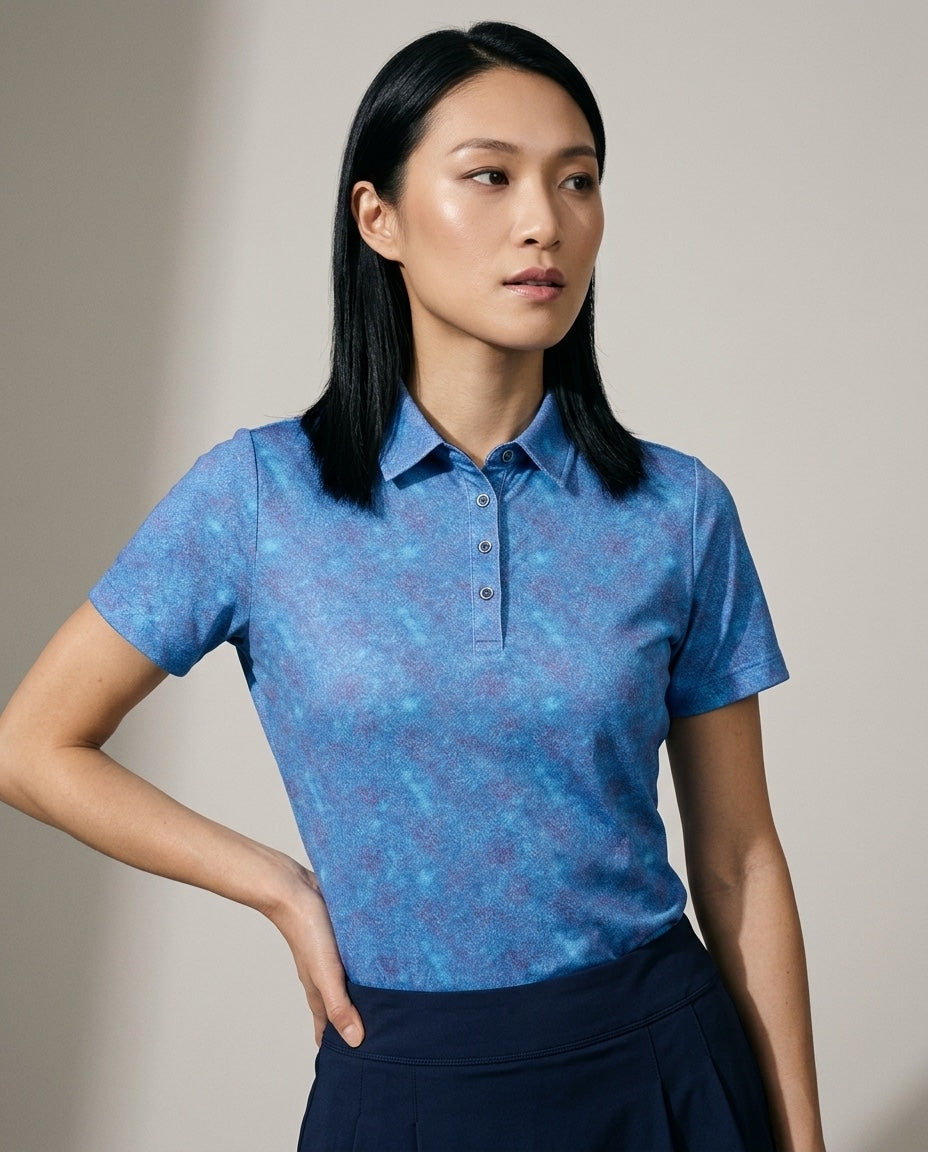 Women's 4 Button Blue Batik Pique Polo in Blue Batik, studio front view