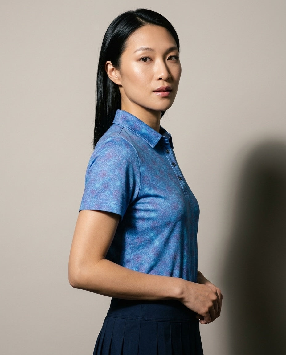 Women's 4 Button Blue Batik Pique Polo in Blue Batik, studio three-quarter view