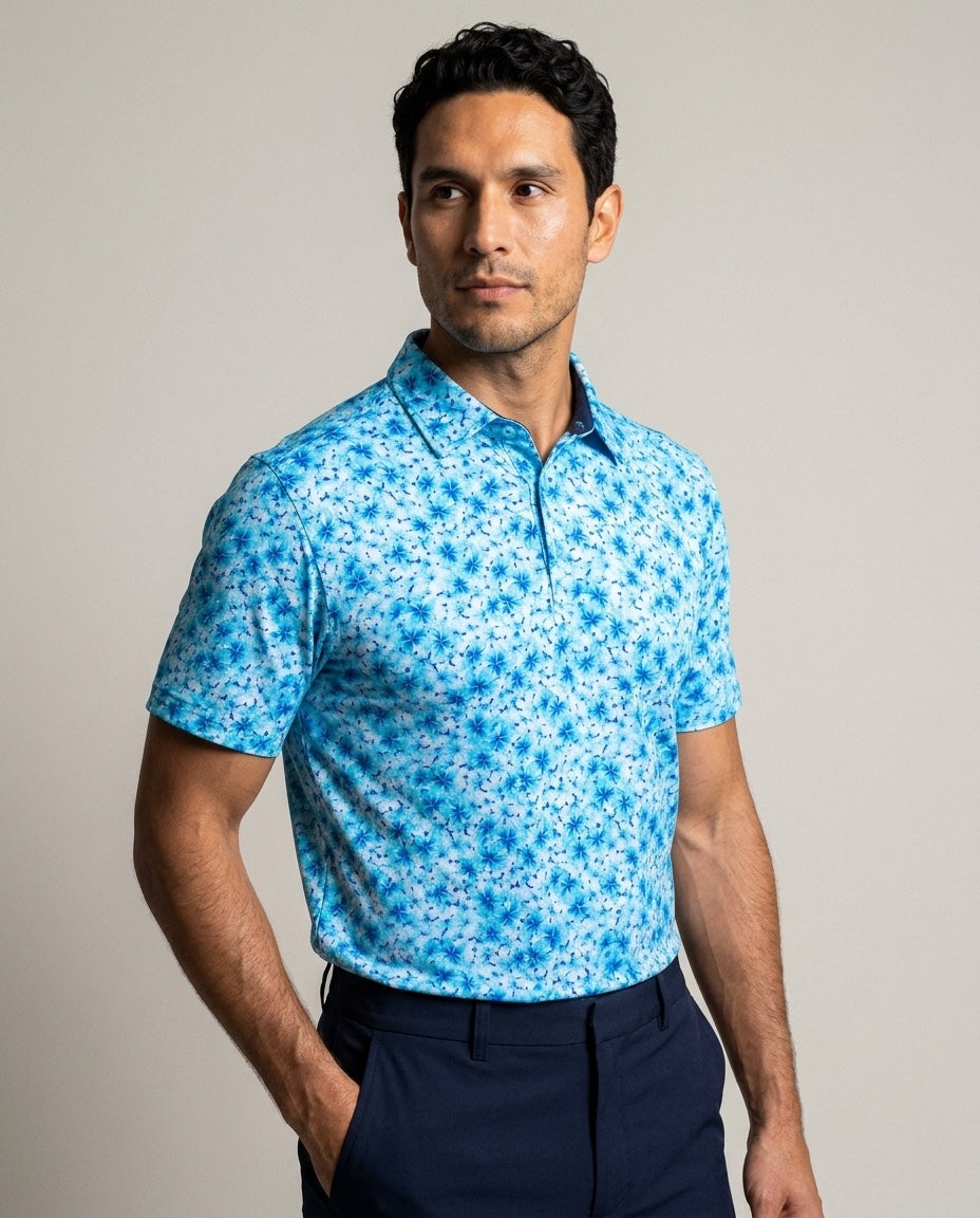 Men's Performance Hawaiian Floral Polo in Aqua, studio three-quarter view
