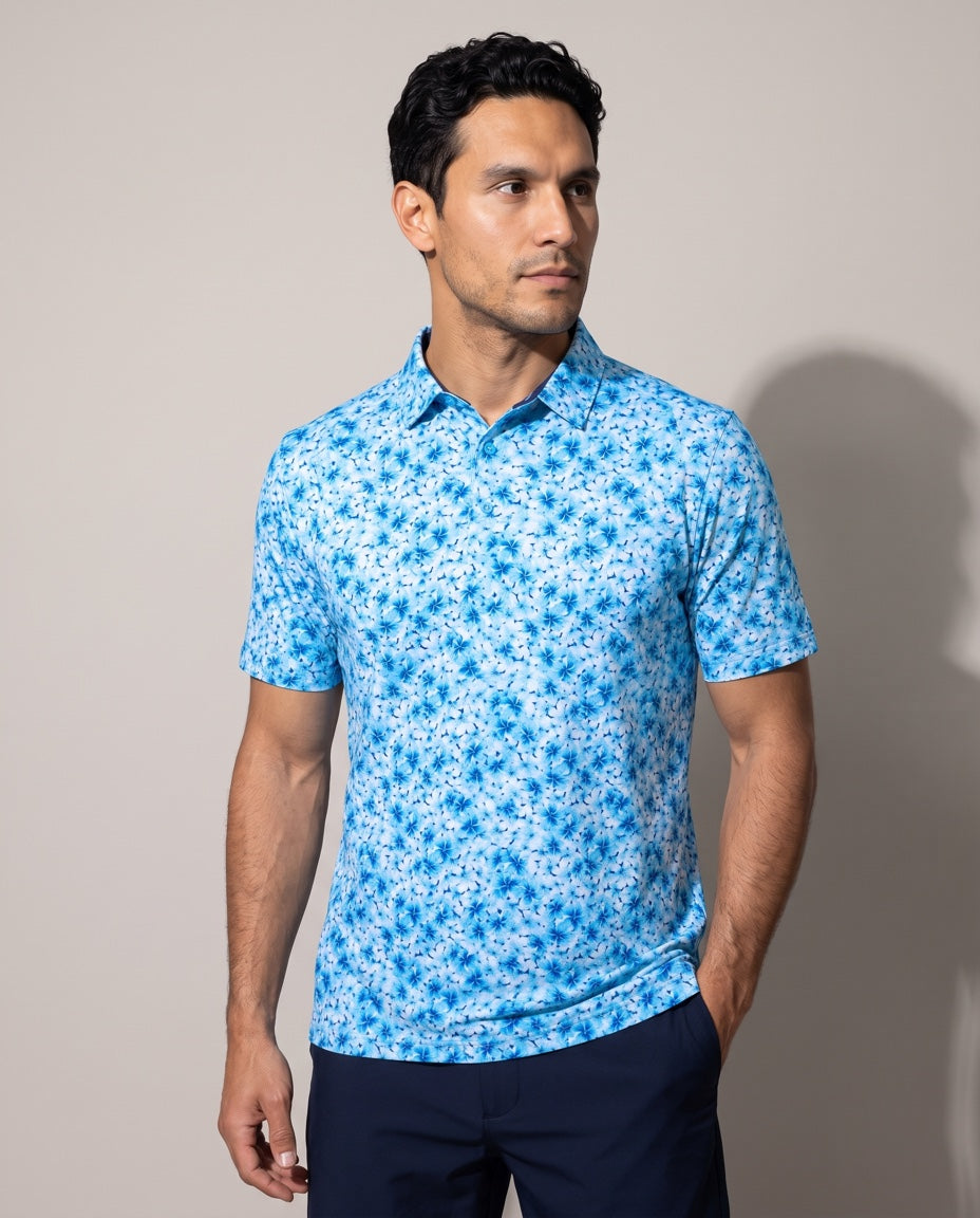 Men's Performance Hawaiian Floral Polo in Aqua, studio front view