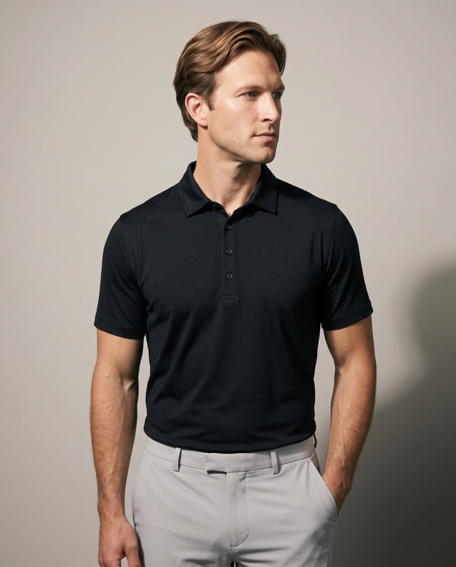 Men's SwingFree™ Performance Polo in Black, studio front view