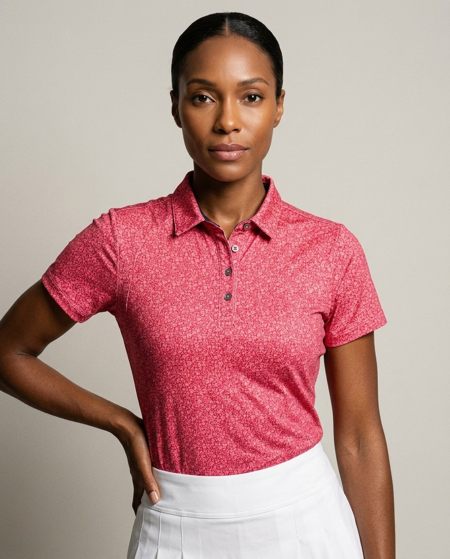 Women's 4 Button Red Floral Polo with SwingFree™ Performance in Small Floral Red, studio front view