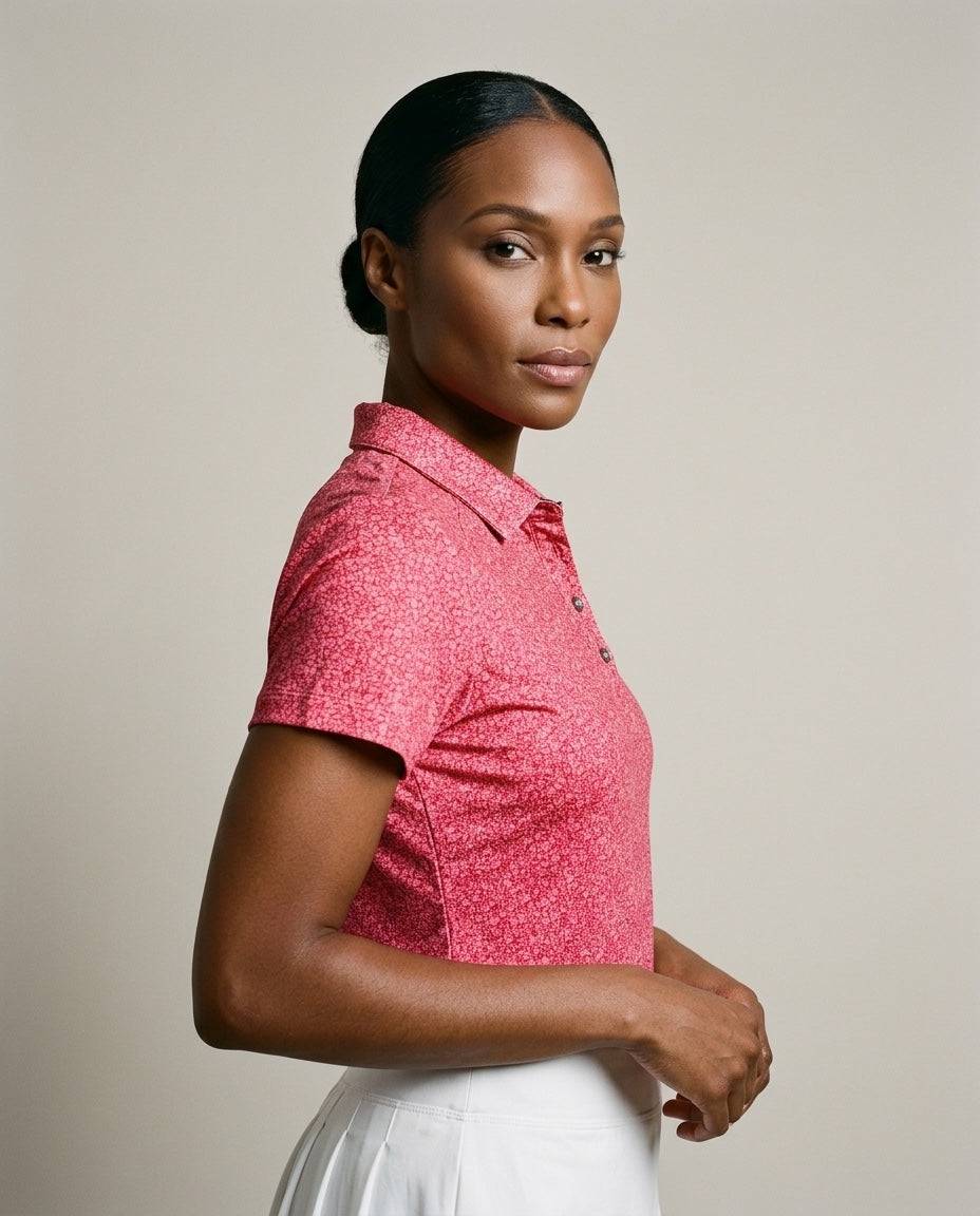 Women's 4 Button Red Floral Polo with SwingFree™ Performance in Small Floral Red, studio three-quarter view