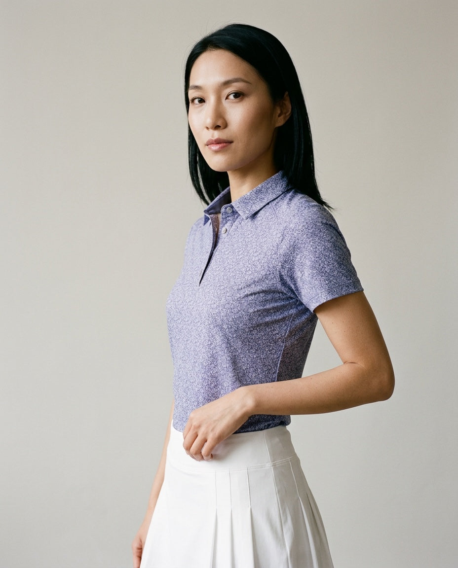 Women's 4 Button Lavender Floral Polo with SwingFree™ Performance in Lavender Floral, studio three-quarter view