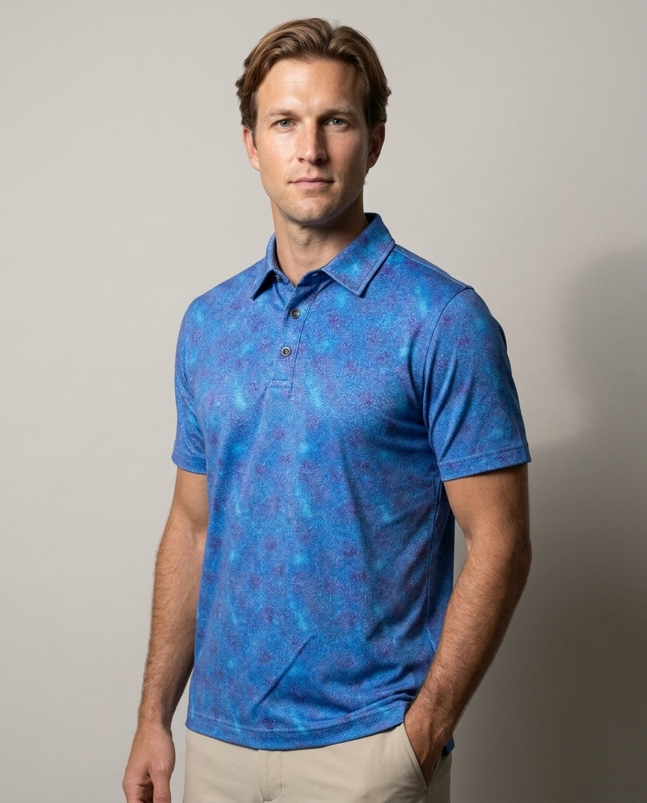 Men's 3 Button Blue Batik Pique Polo in Blue Batik, studio three-quarter view