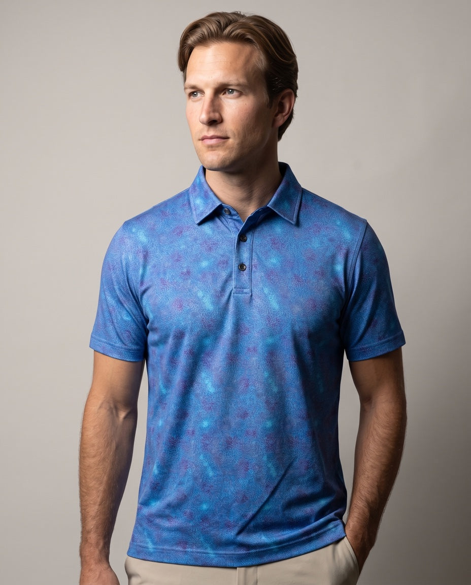 Men's 3 Button Blue Batik Pique Polo in Blue Batik, studio front view