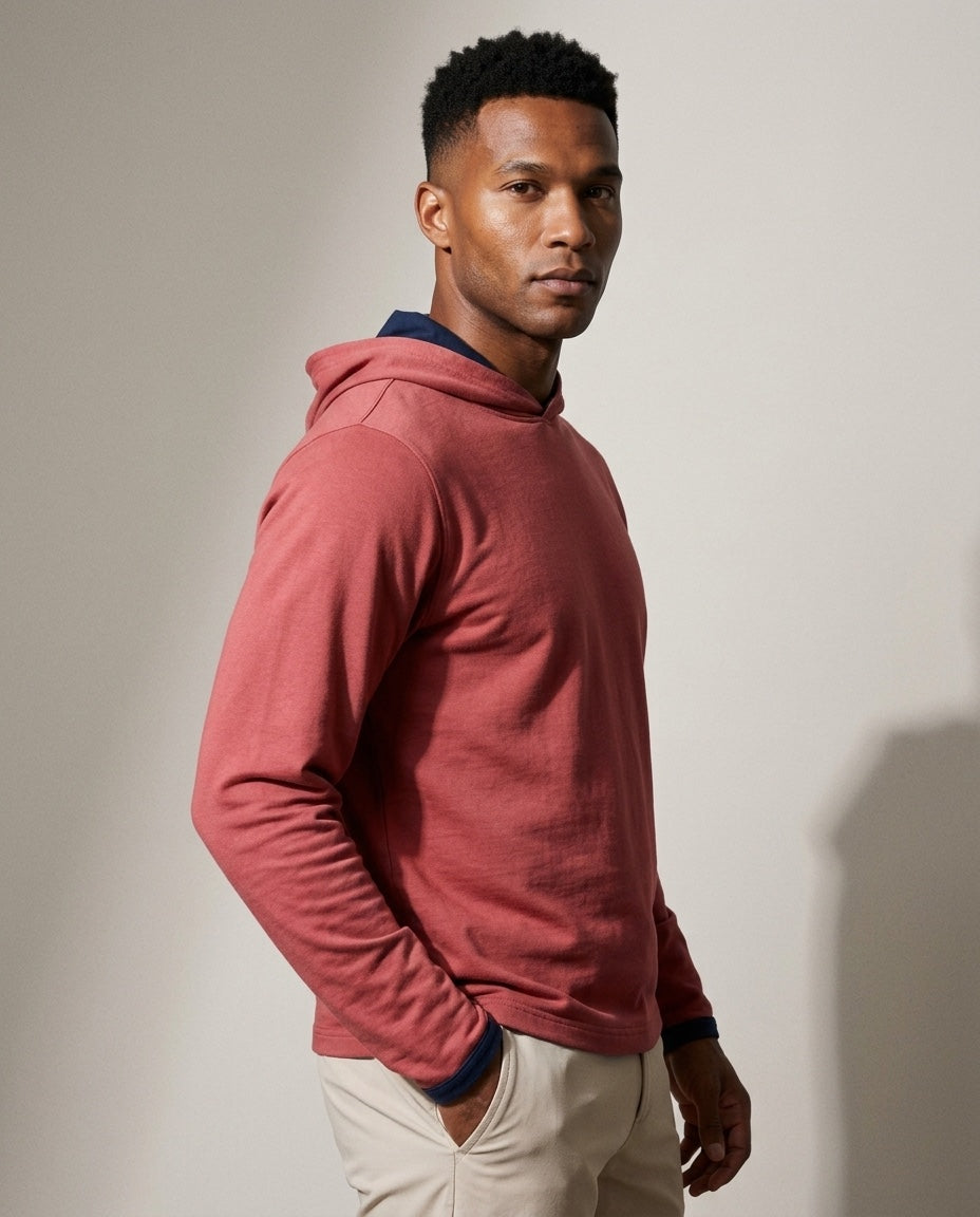 Men's Peruvian Cotton Reversible Hoodie in Red / Navy, studio three-quarter view