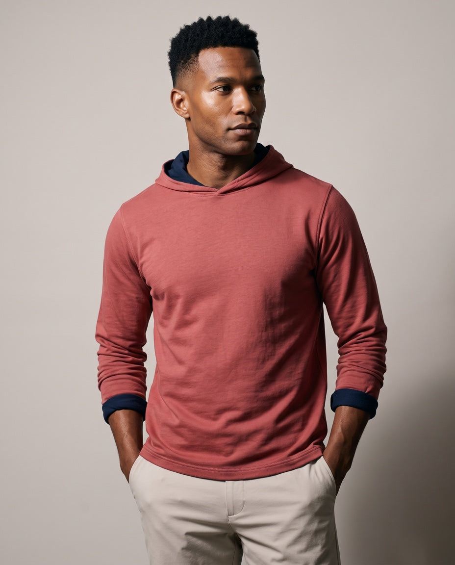Men's Peruvian Cotton Reversible Hoodie in Red / Navy, studio front view