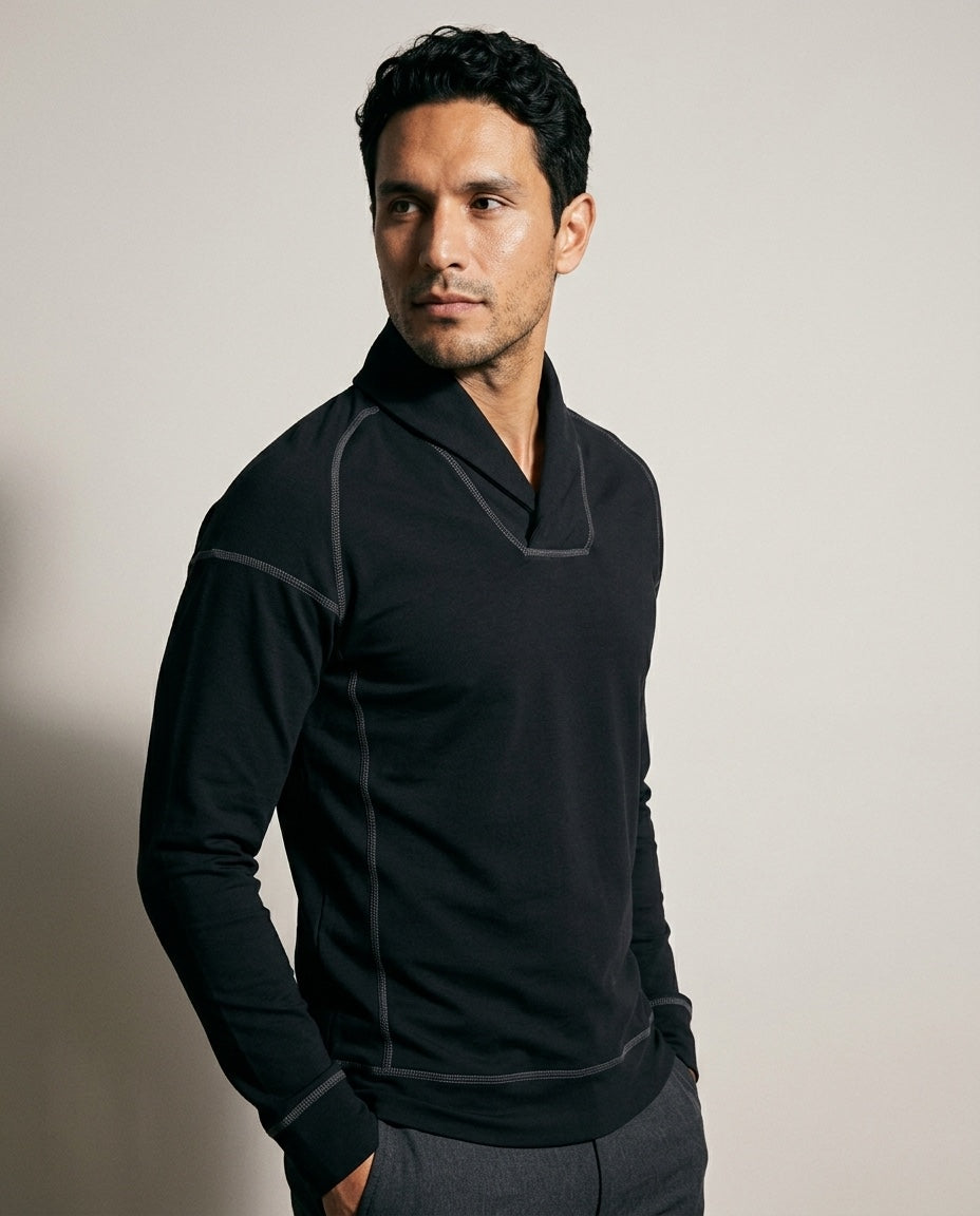 Men's Wicking Performance™ Shawl Collar Pullover - Black in Black, studio three-quarter view