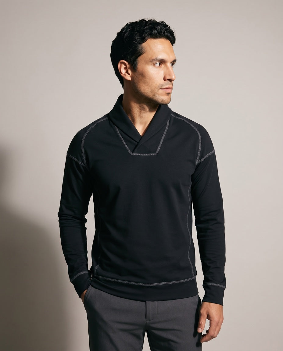 Men's Wicking Performance™ Shawl Collar Pullover - Black in Black, studio front view