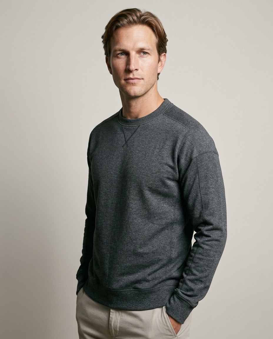 Men's Crew Neck Sweatshirt in Charcoal, studio three-quarter view