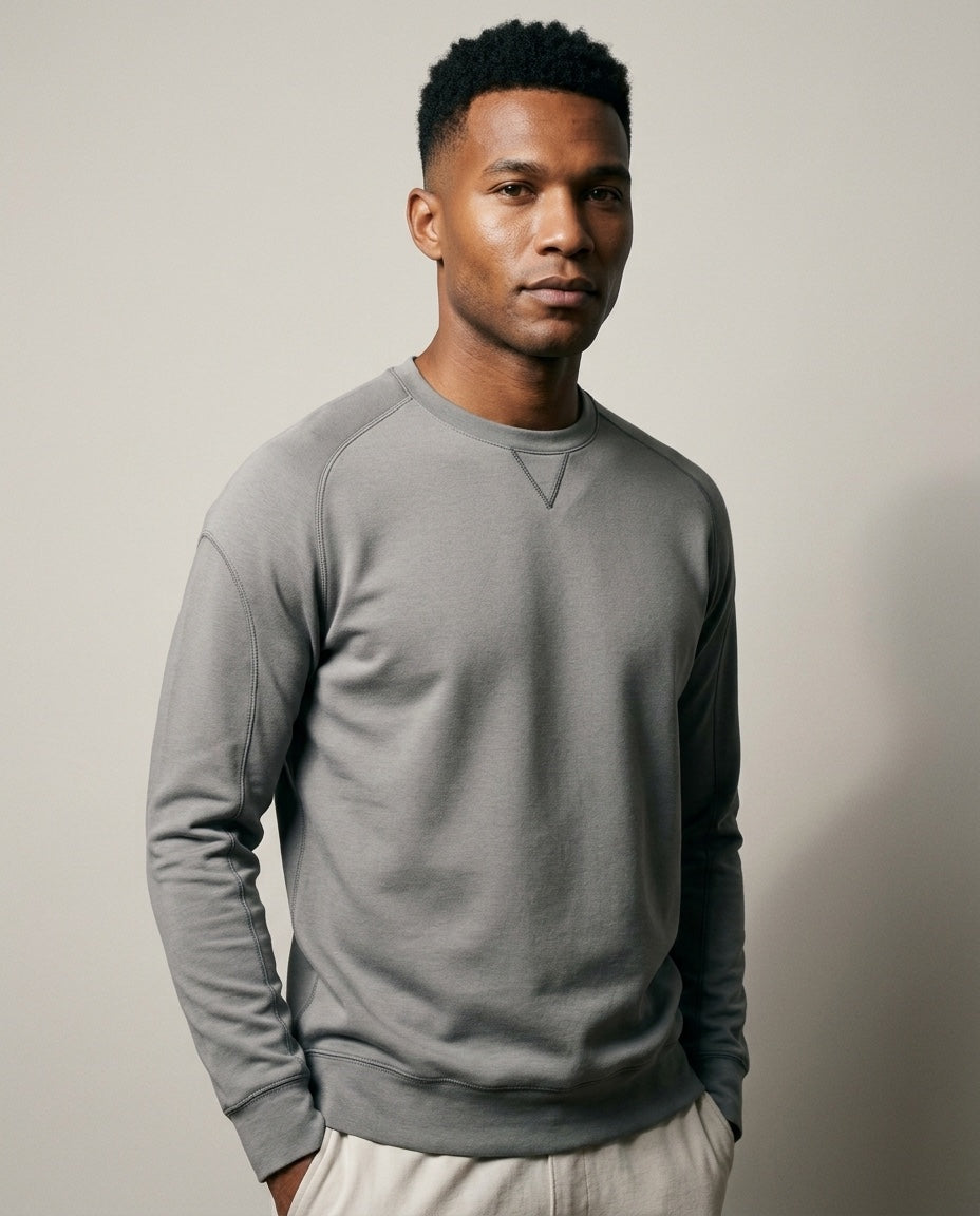 Men's Double-Collar Crew Neck Sweatshirt in Gray, studio three-quarter view