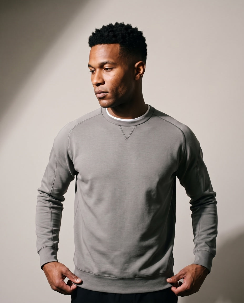 Men's Double-Collar Crew Neck Sweatshirt in Gray, studio front view