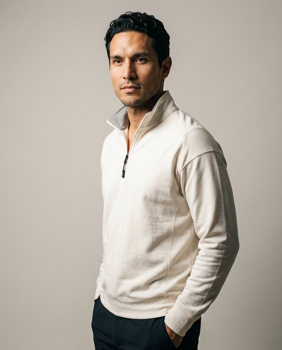 Men's Long Sleeve Pullover in Ivory, studio three-quarter view