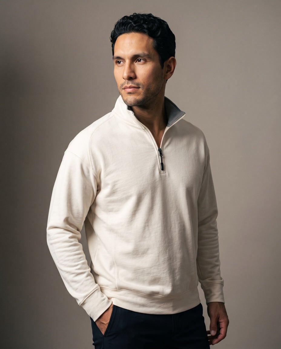 Men's Long Sleeve Pullover in Ivory, studio front view