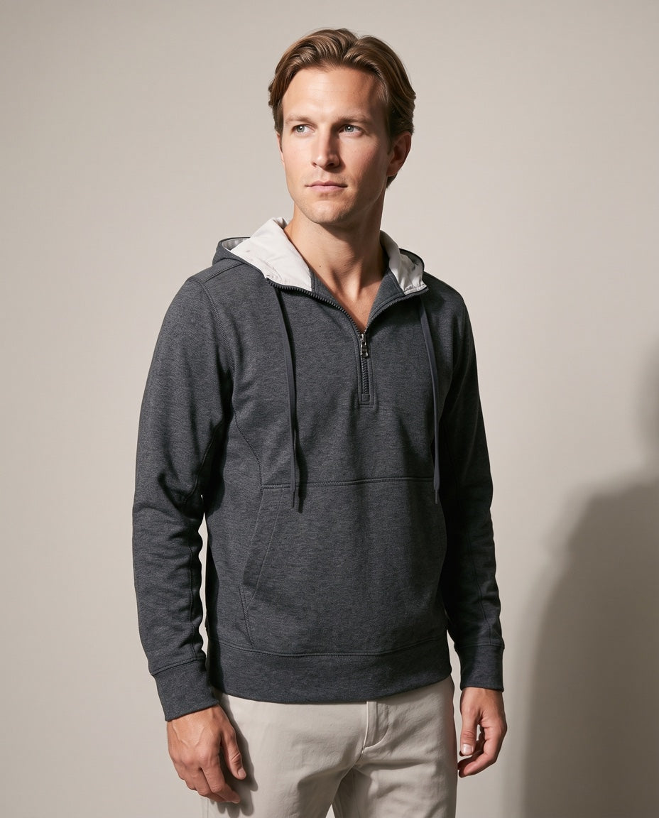 Men's ¼ Zip Hooded Pullover in Charcoal, studio front view