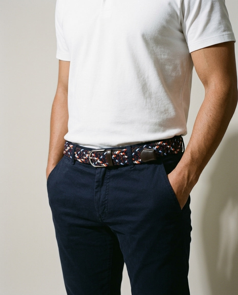 Men's Braided Belt in Navy-Multi, studio three-quarter view