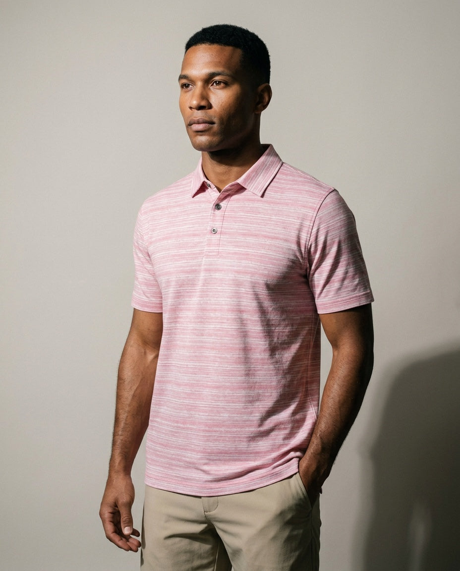 Men's 3 Button Pink Broken Stripe Pique Polo in Pink Broken Stripe, studio three-quarter view