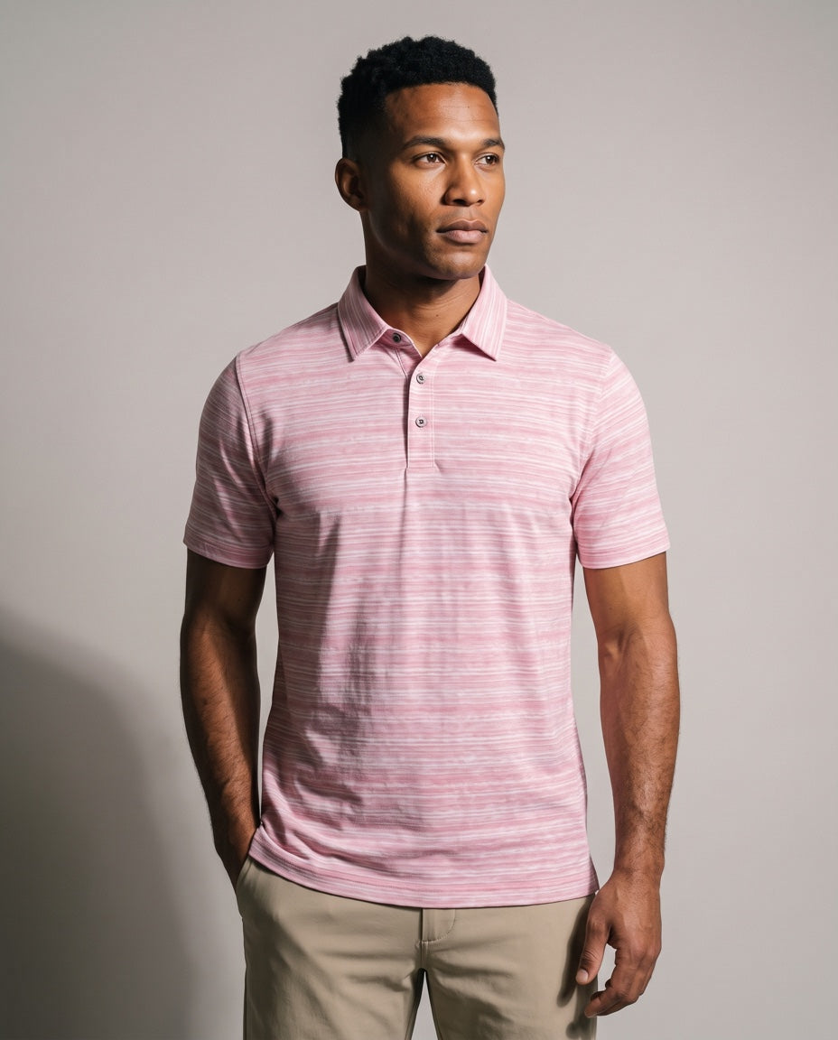 Men's 3 Button Pink Broken Stripe Pique Polo in Pink Broken Stripe, studio front view