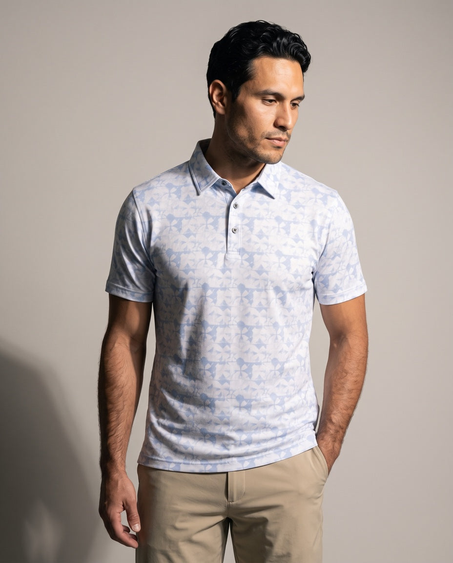 Men's 3 Button Light Blue Abstract Pique Polo in Light Blue Abstract, studio front view