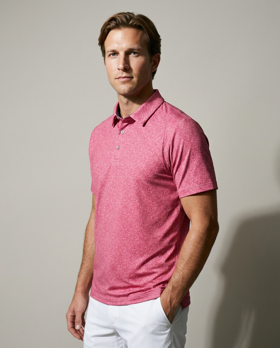 Men's 3 Button Red Floral Polo with SwingFree™ Performance in Small Floral Red, studio three-quarter view