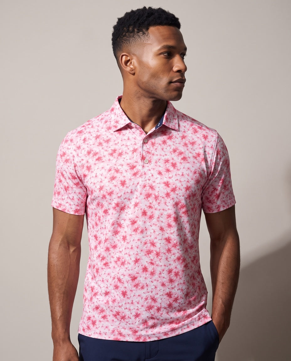 Men's Performance Hawaiian Floral Polo in Pink, studio front view