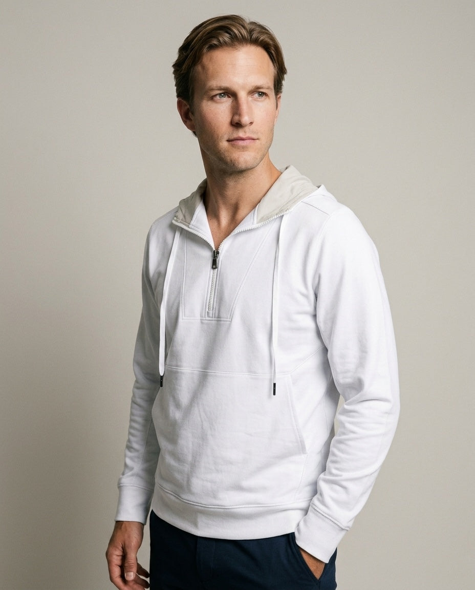 Men's ¼ Zip Hooded Pullover in White, studio front view